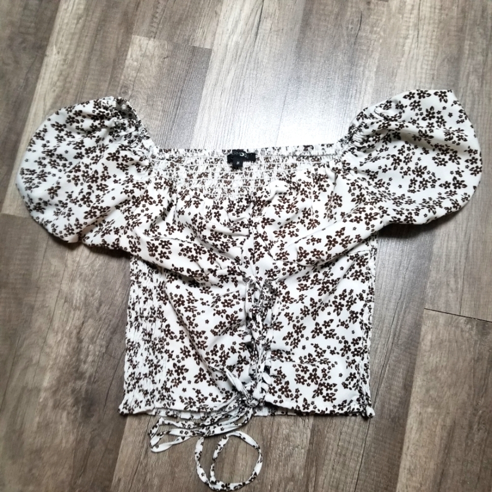 Papermoon Ruffled Puffy Sleeve Smocked Crop Top White Brown Floral Front Ties M